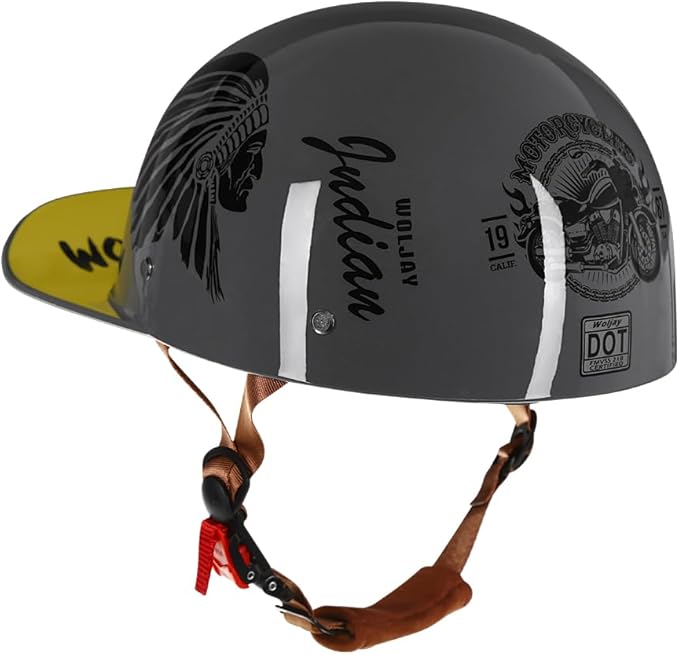 Vintage Retro Open Face Motorcycle Helmet Baseball Cap Half Helmets with pull-down Lens for Men Women Moped Cap Jet Scooter Street Cruiser - DOT Certified (Indian-Gray,XX-Large)
