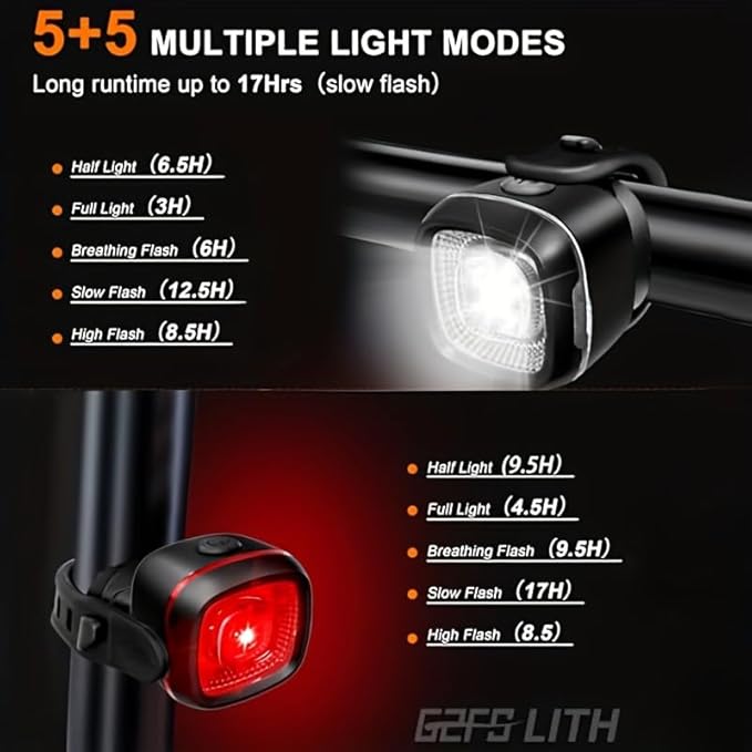 Mini Bike LightNew 5+5 Mode IPX6 Waterproof, Type-C Rechargeable, Suitable for Night Riding, with high Brightness Front and Rear,Headlight Taillight for Men Women Kids Road Mountain