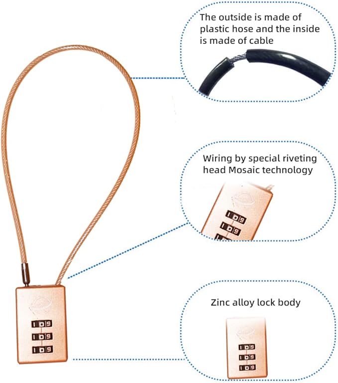 3 Digit Cable Combination Lock 12 inches Cable for School Gym Locker,Filing Cabinets,Helmet,Toolbox,Luggage Suitcase,knapsack,Gold 2Pack
