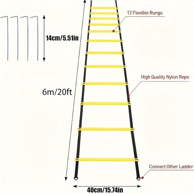 Agility Ladder Speed Training Equipment Set 20ft Agility Ladder, 4 Steel Stakes, 12 Soccer Cones, Running Parachute and Carry Bag, Speed Training Equipment for Soccer Football Basketball