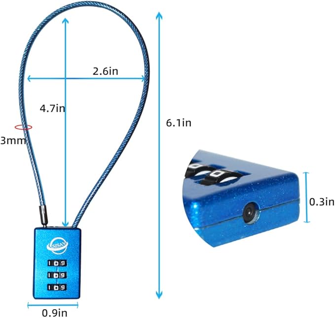 3 Digit Cable Combination Lock 12 inches Cable for School Gym Locker,Filing Cabinets,Helmet,Toolbox,Luggage Suitcase,knapsack,Blue 2Pack