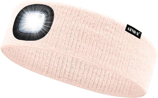 ATNKE 4 LED Lighted Sport Sweatband,USB Rechargeable Running Head Band Lamp High Stretch Wicking Gifts for Men and Women