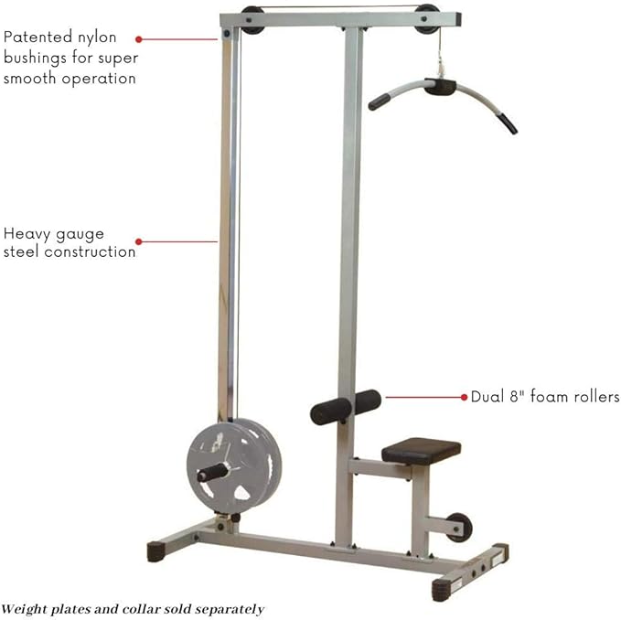 Powerline by Body-Solid LAT Pull Down Machine - Home Gym with High & Low Pulleys, Heavy Gauge Steel Construction, Includes LAT and Low Row Bars, Silver/Black