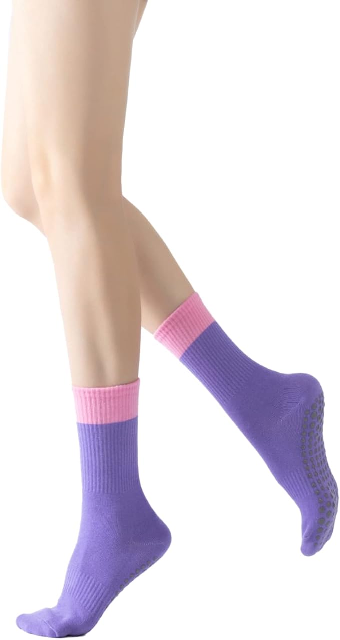 Yoga Pilates Socks with Grips for Women Non Slip Color Blocking Cushioned Crew Socks for Barre Ballet Dance