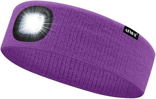 ATNKE 4 LED Lighted Sport Sweatband,USB Rechargeable Running Head Band Lamp High Stretch Wicking Gifts for Men and Women