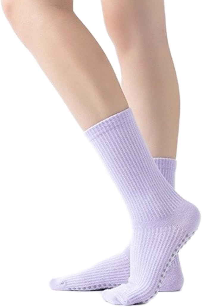 Yoga Pilates Socks with Grips for Women Non Slip Solid Colored Cushioned Crew Compression Socks for Barre Ballet Dance