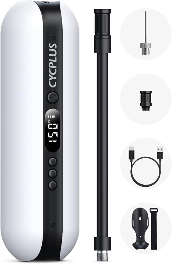 CYCPLUS Electric Air Compressor Portable Bicycle Pump Car Tire Inflator, Max 150 PSI, Auto Shut-Off Air Pump with Presta and Schrader Valves for All Bicycles Motorcycles and Cars