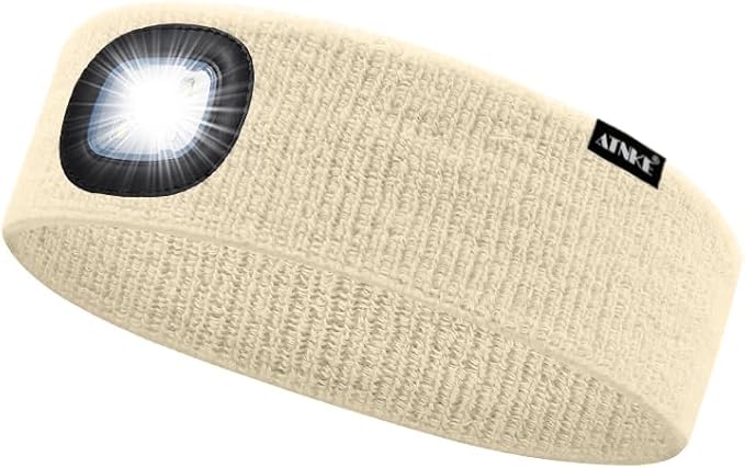 ATNKE 4 LED Lighted Sport Sweatband,USB Rechargeable Running Head Band Lamp High Stretch Wicking Gifts for Men and Women