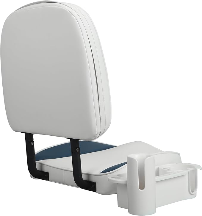 Folding Boat Seat Low Back Fishing Boat Seats with Caddy Organizer, White/Blue/White