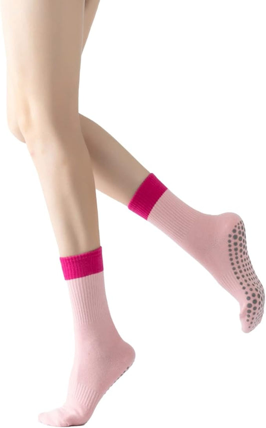 Yoga Pilates Socks with Grips for Women Non Slip Color Blocking Cushioned Crew Socks for Barre Ballet Dance