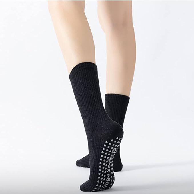 Yoga Pilates Socks with Grips for Women Non Slip Solid Colored Cushioned Crew Compression Socks for Barre Ballet Dance