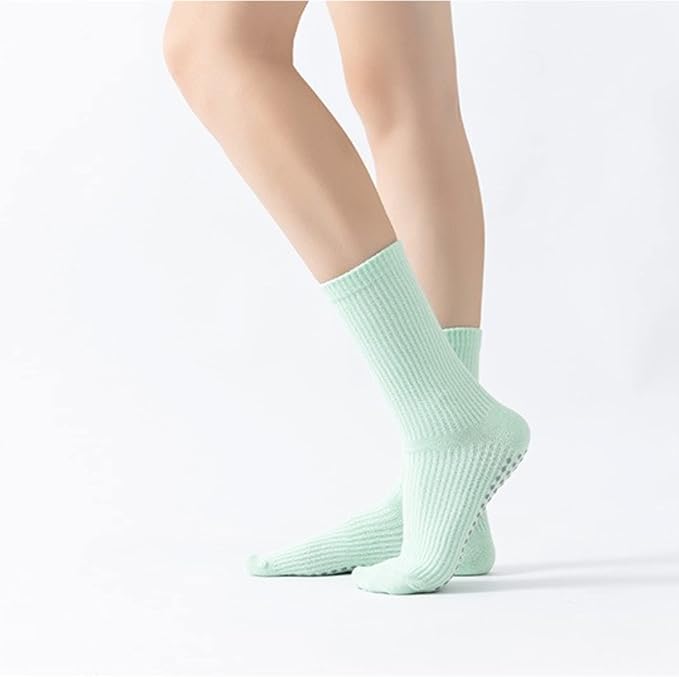 Yoga Pilates Socks with Grips for Women Non Slip Solid Colored Cushioned Crew Compression Socks for Barre Ballet Dance
