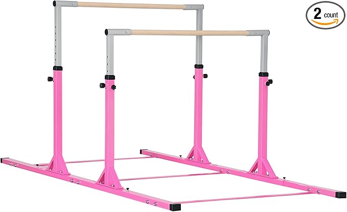 Qaba Double Horizontal Bars, Junior Uneven Bars Gymnastics for Home with 13-Level 36"-59" Adjustable Heights, 6-Level Adjustable Width - Pink