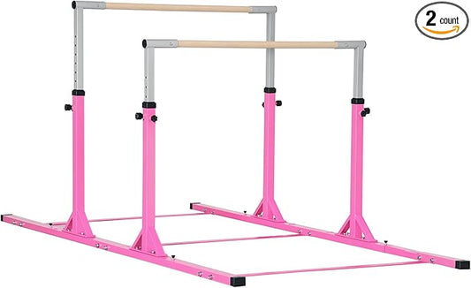 Qaba Double Horizontal Bars, Junior Uneven Bars Gymnastics for Home with 13-Level 36"-59" Adjustable Heights, 6-Level Adjustable Width - Pink