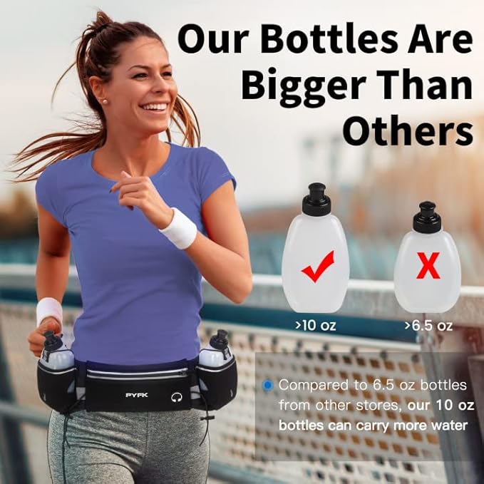 PYFK Upgraded Running Belt with Water Bottles, Hydration Belt for Men and Women, Water Bottle Holder Running Pouch Belt, Fanny Pack Fits 7 inches Phones, Waist pack for Running Hiking Climbing