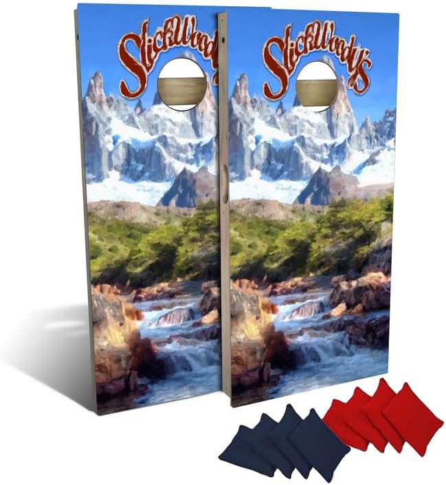 Slick Woody's Professional-Grade Cornhole Boards - 4'x2' Solid Wood Regulation Woodgrain Flag Bean Bag Toss Game with 8 Resin Filled Bags