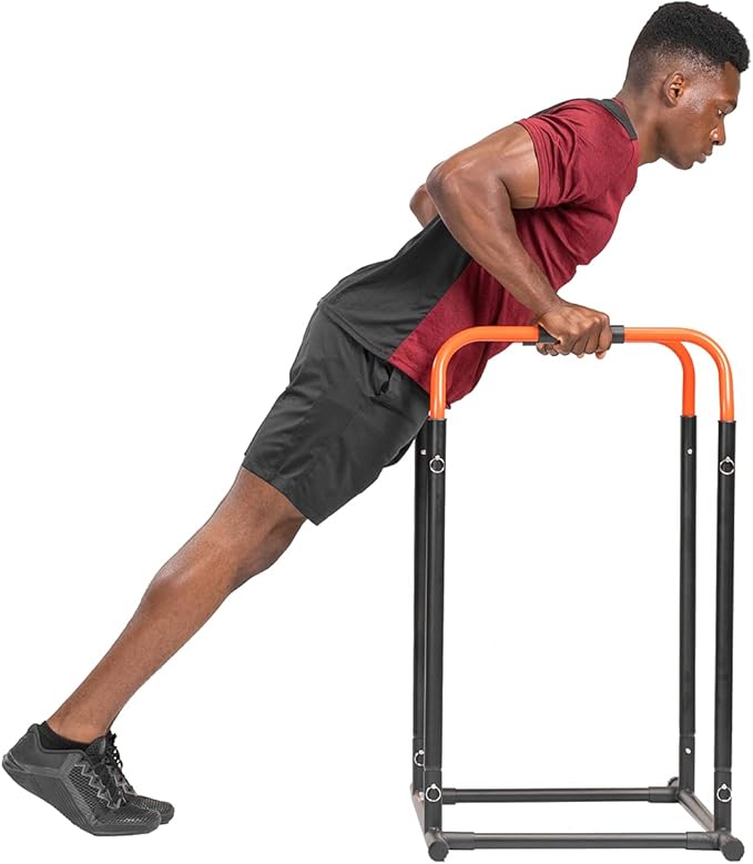 Sunny Health & Fitness Power Tower, Dip Bar, Push-Up & Pull Up Assisting Parallette Station w Optional Rock Climbing Grip Trainer