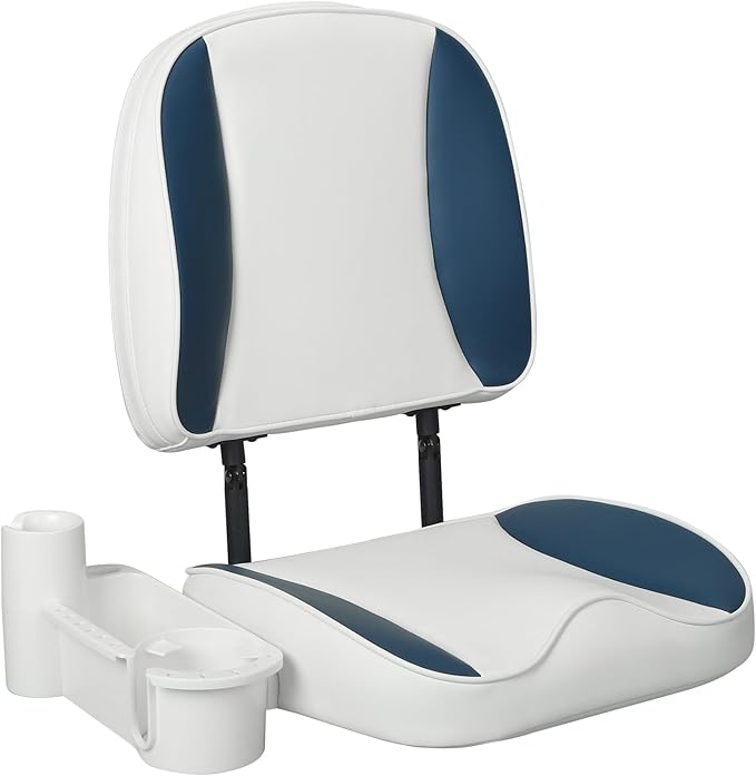 Folding Boat Seat Low Back Fishing Boat Seats with Caddy Organizer, White/Blue/White