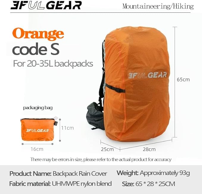 3F 20-85L backpack rain cover, waterproof, dustproof, wear-resistant, tear resistant outdoor hiking backpack cover (orange-S)