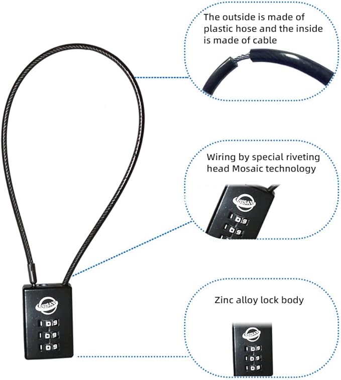 3 Digit Cable Combination Lock 12 inches Cable for School Gym Locker,Filing Cabinets,Helmet,Toolbox,Luggage Suitcase,knapsack,Black 2Pack