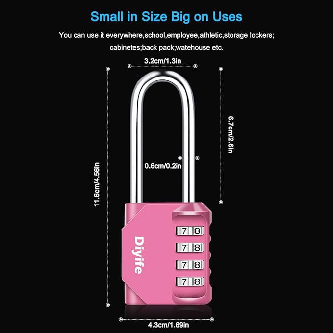 2.6 Inch Long Shackle Combination Lock, Diyife 4-Digit Outdoor Waterproof Padlock, Plated Steel Combination Clasp with High Security, Schools, Gyms & Lockers, Pink