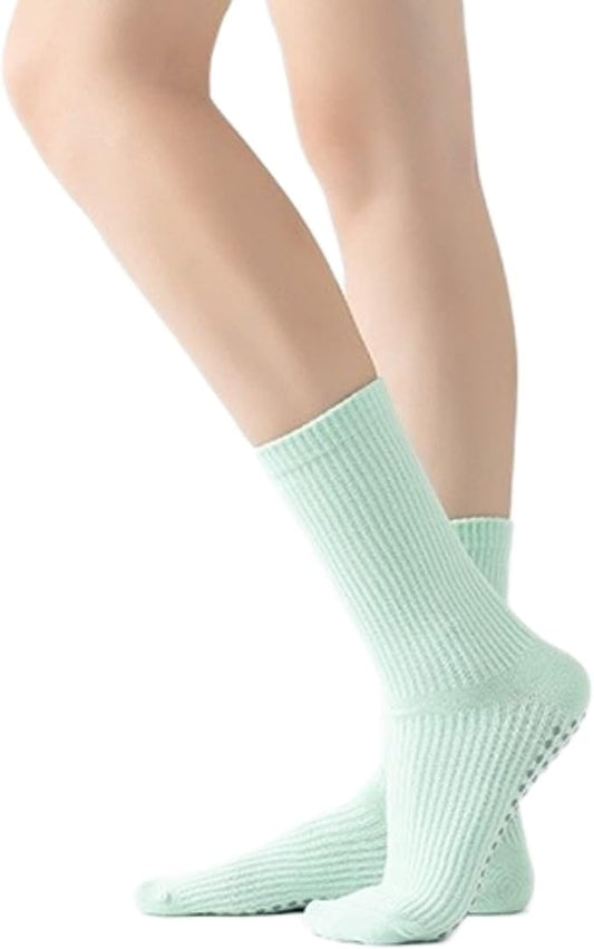 Yoga Pilates Socks with Grips for Women Non Slip Solid Colored Cushioned Crew Compression Socks for Barre Ballet Dance