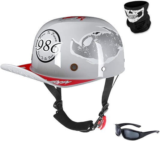 Vintage Retro Open Face Motorcycle Helmet Baseball Cap Half Helmets Men Women for Moped Cap Jet Scooter Street Cruiser with Mask Glasses - DOT Certified