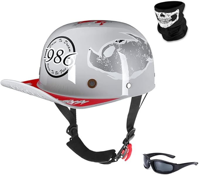 Vintage Retro Open Face Motorcycle Helmet Baseball Cap Half Helmets Men Women for Moped Cap Jet Scooter Street Cruiser with Mask Glasses - DOT Certified