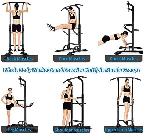 DlandHome Upgrade Multi-Function Power Tower Adjustable Height Pull Up and Dip Station Strength Training Fitness Workout Station, PSBB002-P