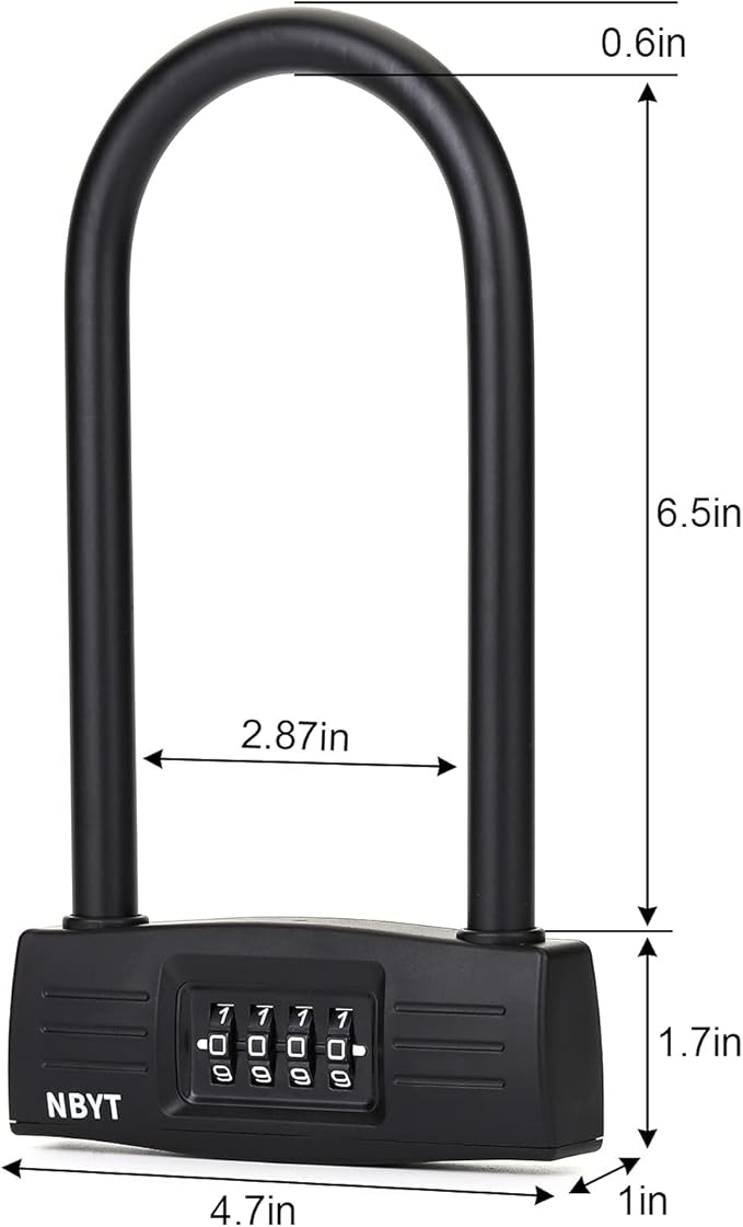 U Bike Lock - Heavy Duty Combination Lock for Motorcycle Wheel, Office Door, Fence & Gate - Resettable, Long Combination U-Lock in Black - Steel/Zinc/PVC Construction - 8.8 x 4.7 x 1.1 Inches