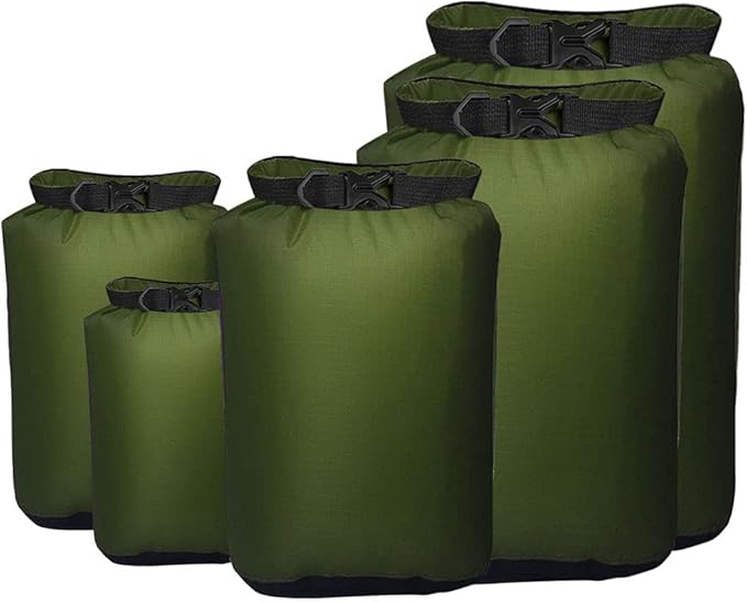 Pimoys 5 Pack Waterproof Dry Sacks, Lightweight Outdoor Dry Bags 20L /12L / 10L/ 6L/ 3.5L Ultimate Dry Bags for Kayaking Camping Rafting Boating (Army Green)