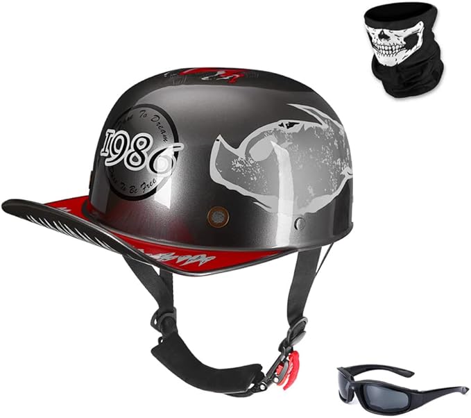 Vintage Retro Open Face Motorcycle Helmet Baseball Cap Half Helmets Men Women for Moped Cap Jet Scooter Street Cruiser with Mask Glasses - DOT Certified