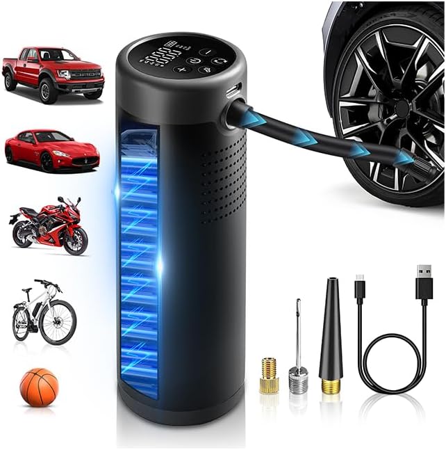 Tire Inflator Portable Air Compressor, 6X Cordless Air Pump for Car Tires with Pressure Gauge, Battery Power Bike Tire Pump, 150PSI Portable Tire Inflator for Car, Motorcycle, Bicycle, Ball