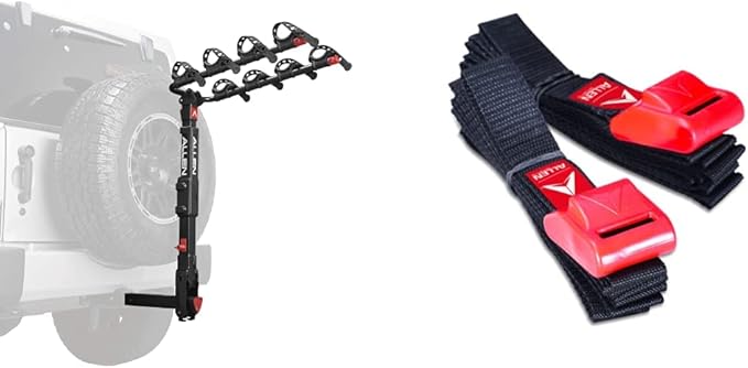 Allen Sports Premier Locking Quick Release 4-Bike Carrier for 2 Inch Hitch on Vehicles with Spare Tire, Model 400QR, Black & Sports 8 Ft Polyester Cargo Straps with Padded Cam Buckles, Model 508S