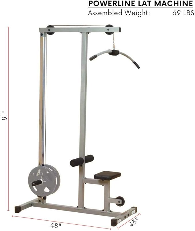 Powerline by Body-Solid LAT Pull Down Machine - Home Gym with High & Low Pulleys, Heavy Gauge Steel Construction, Includes LAT and Low Row Bars, Silver/Black