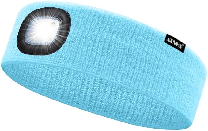 ATNKE 4 LED Lighted Sport Sweatband,USB Rechargeable Running Head Band Lamp High Stretch Wicking Gifts for Men and Women