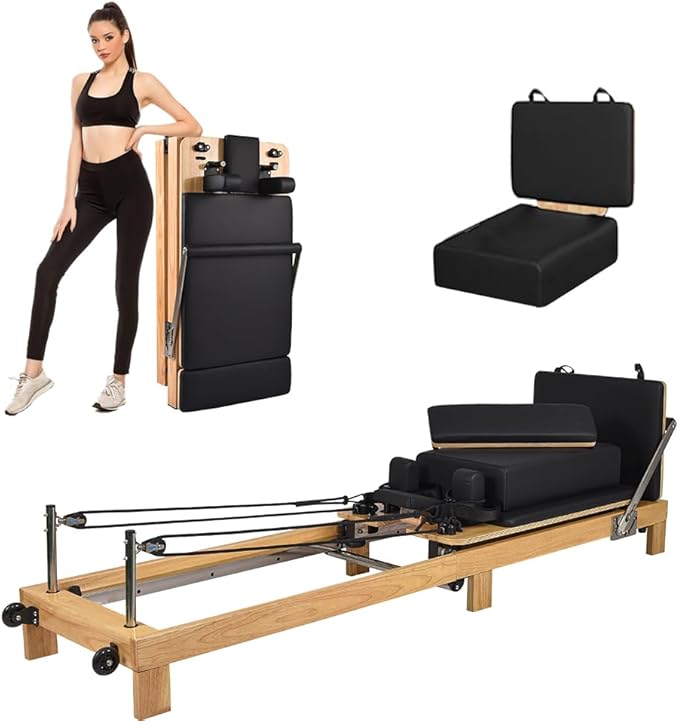Pilates Reformer- Foldable Wood Yoga Exercise Machine Fitness Equipment with Reformer Box Jump Board Foot Strap, Durable and Quiet, Pilates Equipment up to 600 lbs Weight Capacity