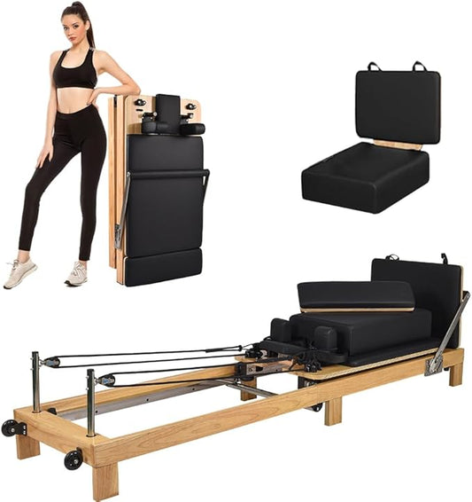 Pilates Reformer- Foldable Wood Yoga Exercise Machine Fitness Equipment with Reformer Box Jump Board Foot Strap, Durable and Quiet, Pilates Equipment up to 600 lbs Weight Capacity