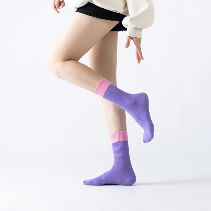 Yoga Pilates Socks with Grips for Women Non Slip Color Blocking Cushioned Crew Socks for Barre Ballet Dance