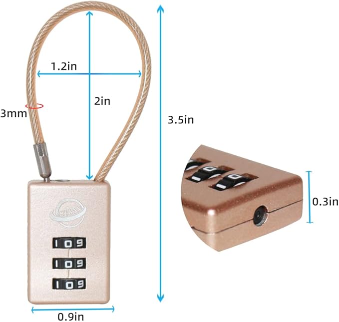 3 Digit Cable Combination Lock 5 inches Cable for School Gym Locker,Filing Cabinets,Helmet,Toolbox,Luggage Suitcase,knapsack,Gold 2Pack