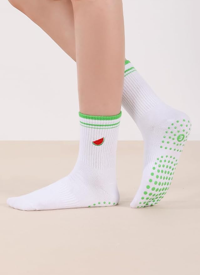 EUDOLAH Cute Yoga Socks for Women Pilates Barre Breathable Non-Slip Crew Grip Sock With Stripes Anti-friction Athletic Socks