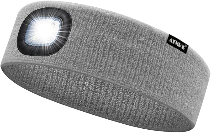 ATNKE 4 LED Lighted Sport Sweatband,USB Rechargeable Running Head Band Lamp High Stretch Wicking Gifts for Men and Women