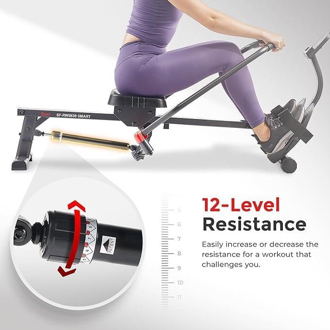 Sunny Health & Fitness Compact Full-Motion Rowing Machine w/Adjustable Resistance, Low-Impact Full-Body Workout Rower w/Long Slide Rail, Space-Saving Design, Optional Free SunnyFit App Connection