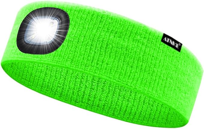 ATNKE 4 LED Lighted Sport Sweatband,USB Rechargeable Running Head Band Lamp High Stretch Wicking Gifts for Men and Women