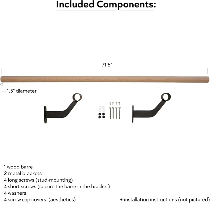 Wall-Mounted Ballet Barre for Home Dance, Exercise, Fitness, Stretching - Made in USA