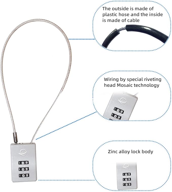 3 Digit Cable Combination Lock 12 inches Cable for School Gym Locker,Filing Cabinets,Helmet,Toolbox,Luggage Suitcase,knapsack,Grey 2Pack
