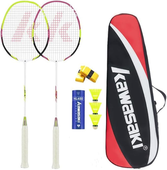 Kawasaki Badminton Rackets, Professional Graphite Shaft Badminton Set of 2 for Backyard, with 2 Lightweight Carbon Badminton Racquets/3 Badminton Shuttlecocks/2 Racquet Overgrips/1 Carry Bag
