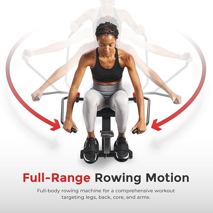 Sunny Health & Fitness Compact Full-Motion Rowing Machine w/Adjustable Resistance, Low-Impact Full-Body Workout Rower w/Long Slide Rail, Space-Saving Design, Optional Free SunnyFit App Connection