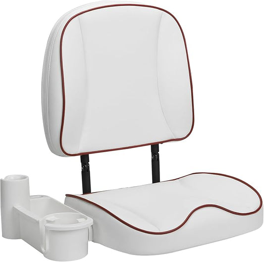 Folding Boat Seat Low Back Fishing Boat Seats with Caddy Organizer, White/White/Red