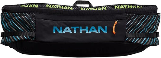 Nathan Running Belt Pinnacle Hydration Waistbelt/WaistPack. Includes Soft Flask, Storage, Zipper Pocket. For Running, Hiking Fanny Pack. No Bounce! (L/XL, Black/Blue)